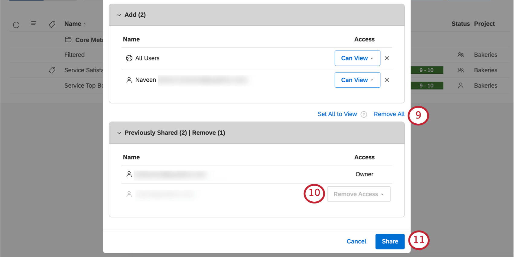 Remova todos os botões e, em seguida, uma nova seção onde você vê os compartilhamentos anteriores e, em seguida, o botão de compartilhamento