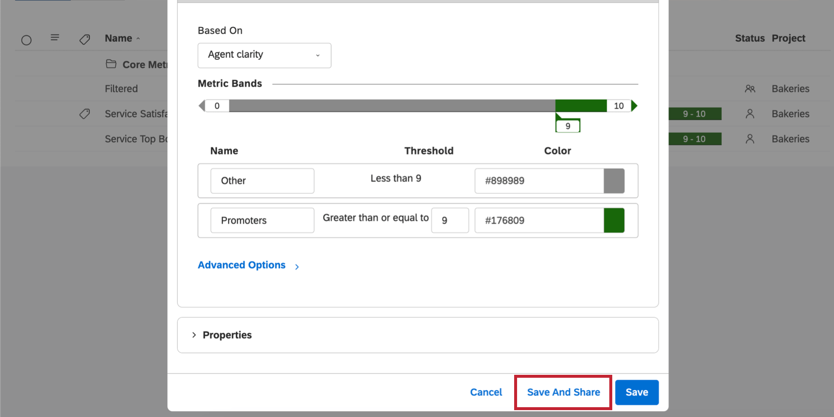 Save and share button at the bottom left of the create metric window