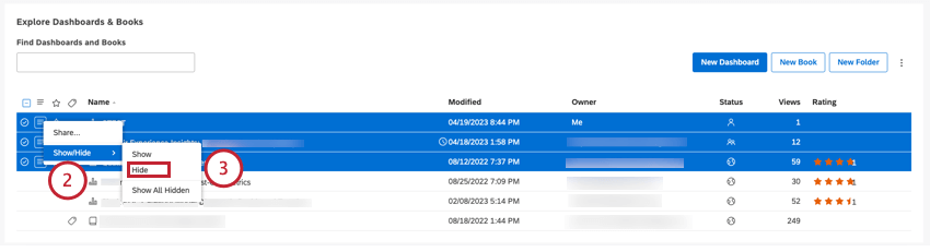 If you need to hide several items, select them using the check boxes on the left.