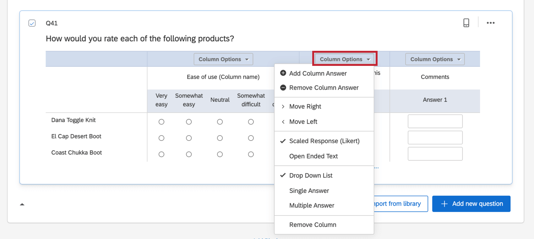 column options dropdown