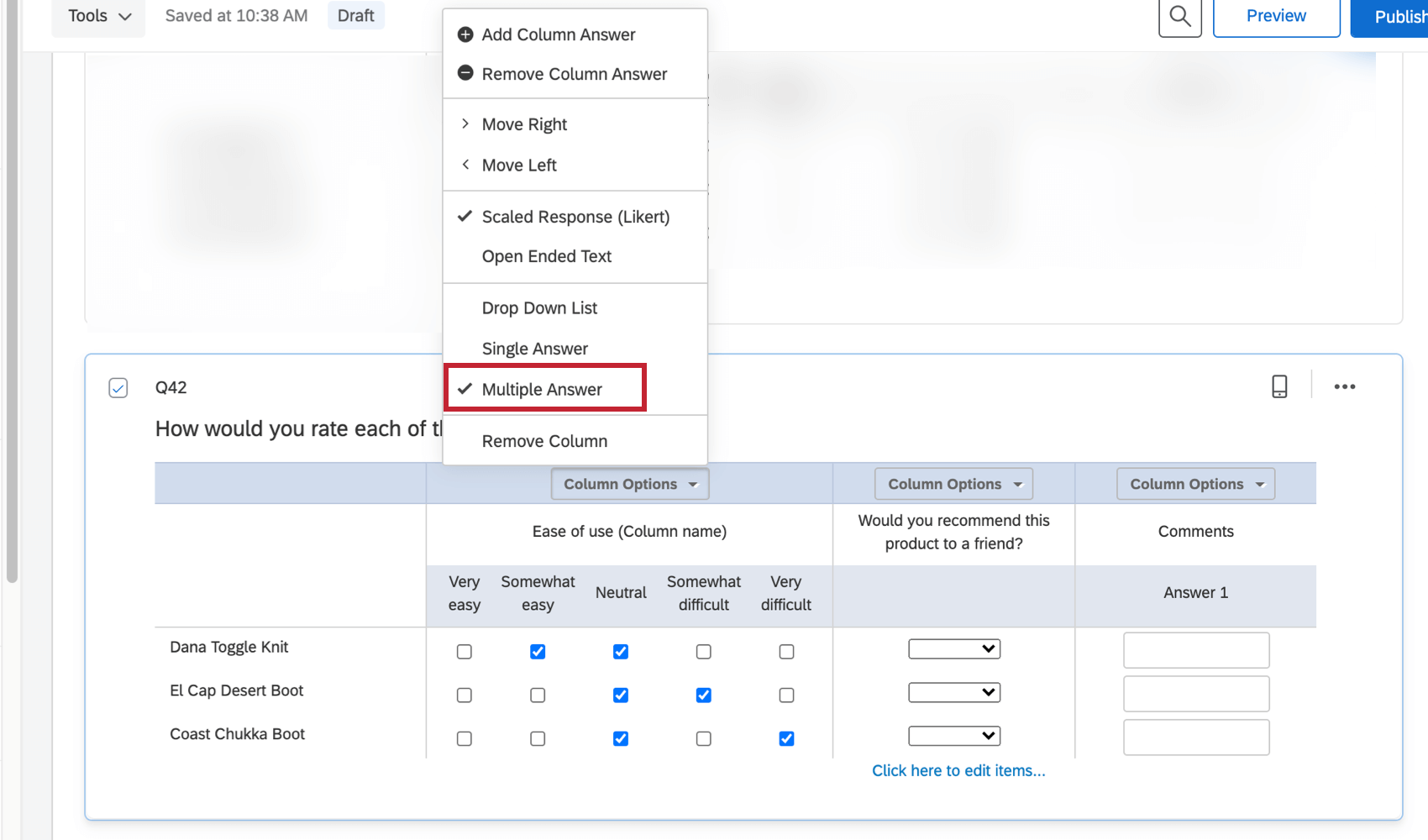 loption de réponses multiples dans le menu déroulant des options de la colonne
