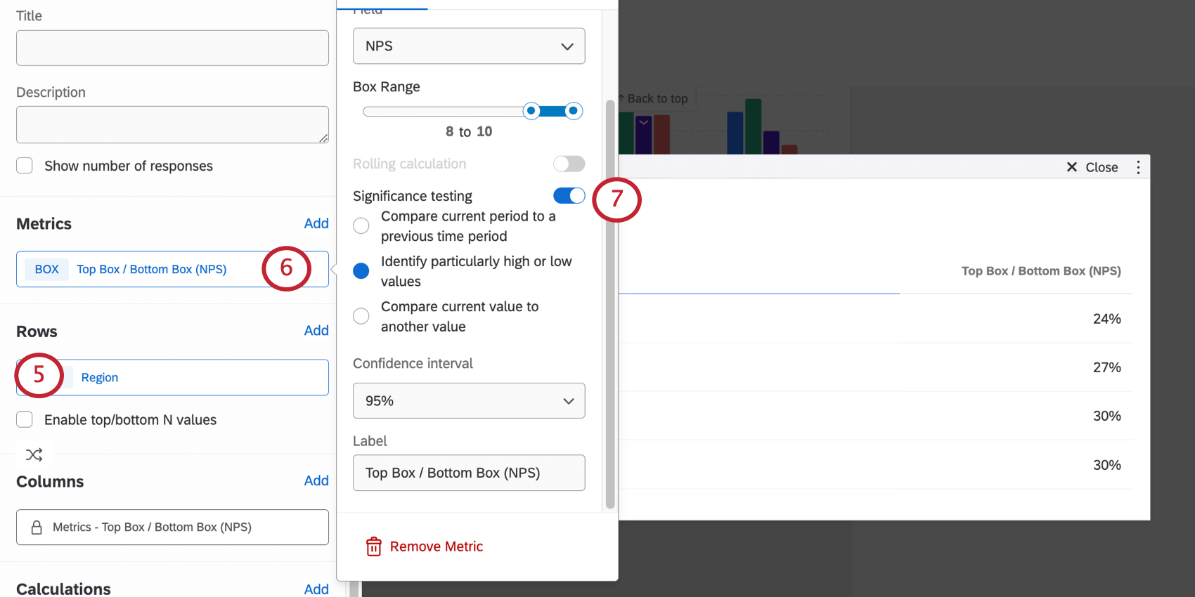 immagine dellabilitazione del test di significatività nel menu delle opzioni di un widget tabella metrica