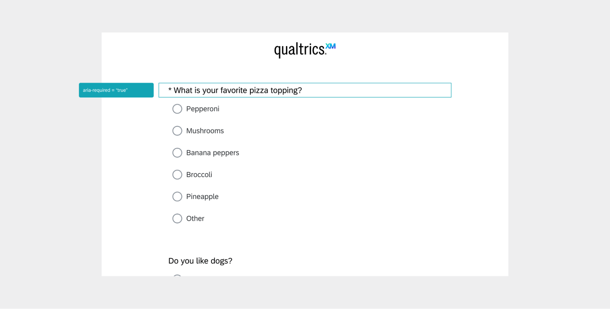 Pregunta de Opción múltiple con aria-required = true siguiente al título resaltado
