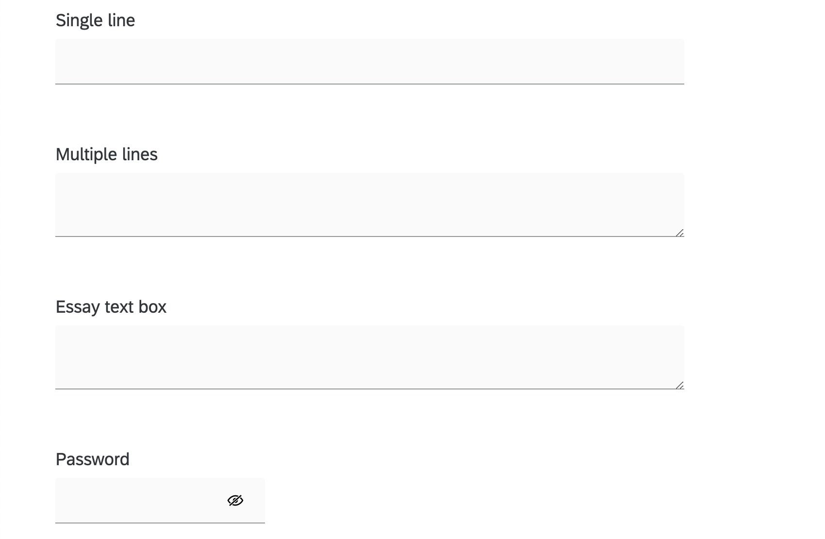 Image of 4 text entries titles Single line, Multiple lines, Essay text box, and Password