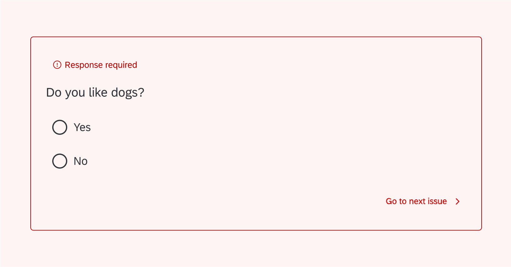 Leere Multiple Choice mit Alert Antwort erforderlich oben, Hintergrund ist weiß, Text ist schwarz und Alert ist rot