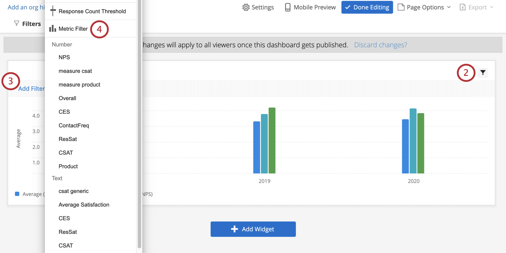 Ícone Filtro e opção de Filtro métrico