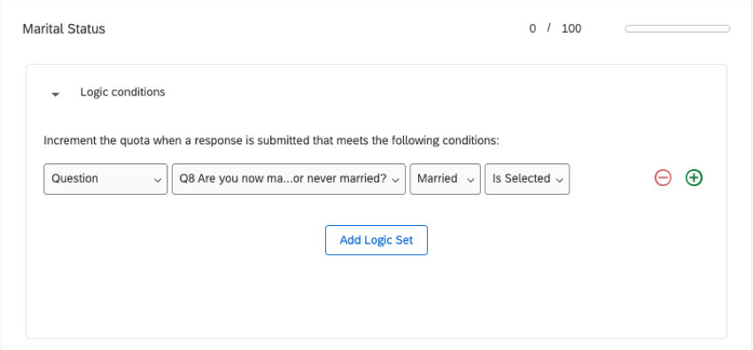 Increment the quota when a response is submitted that meets the following criteria - question Q8 are you married? Married is selected