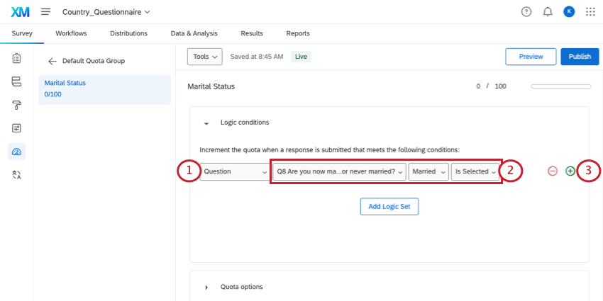 Primer campo donde se selecciona en qué se basa la cuota (por ejemplo, pregunta), segundo campo donde se selecciona el elemento específico (por ejemplo, Q1) y los últimos campos donde se seleccionan las opciones.