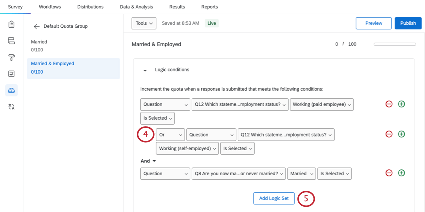 Condition set with multiple criteria