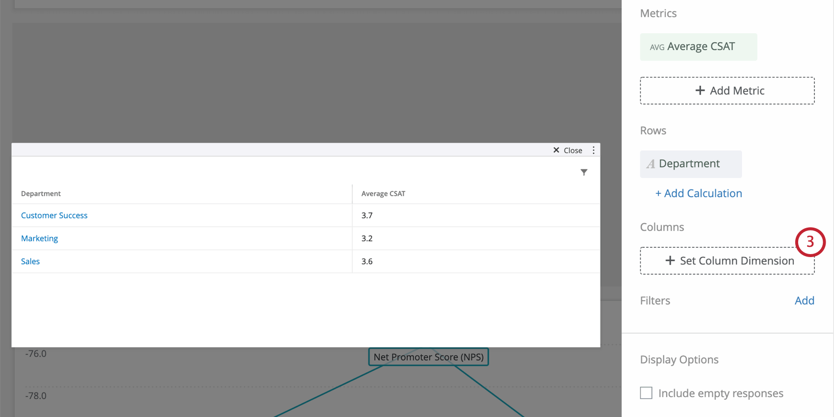 Un tableau simple comprend désormais également une ligne ajoutée, nous voyons donc des CSAT distincts pour différents services, tels que le marketing, la réussite des clients et les ventes. Ce sont des lignes du tableau