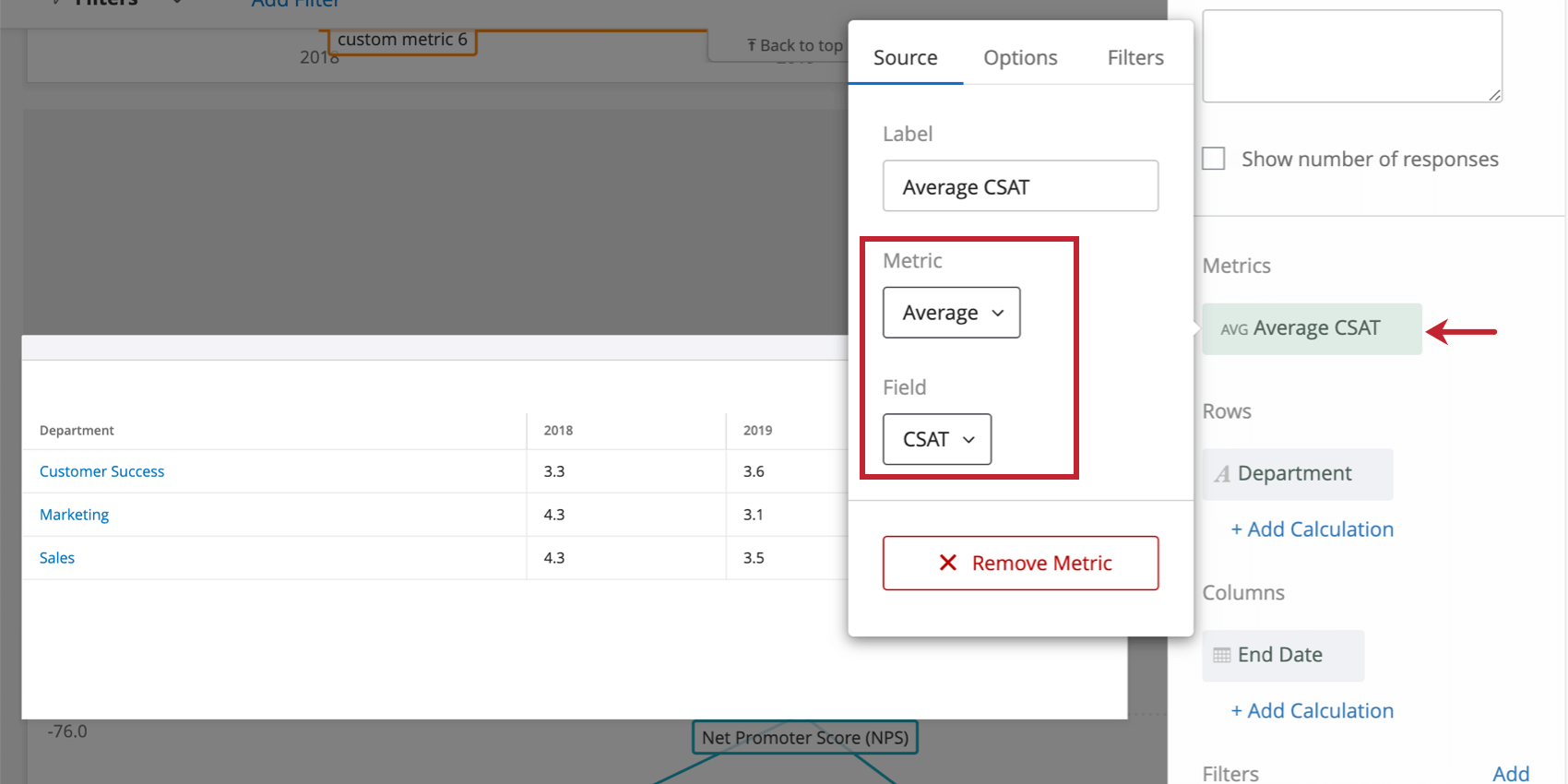 Clicking a metric and configuring it