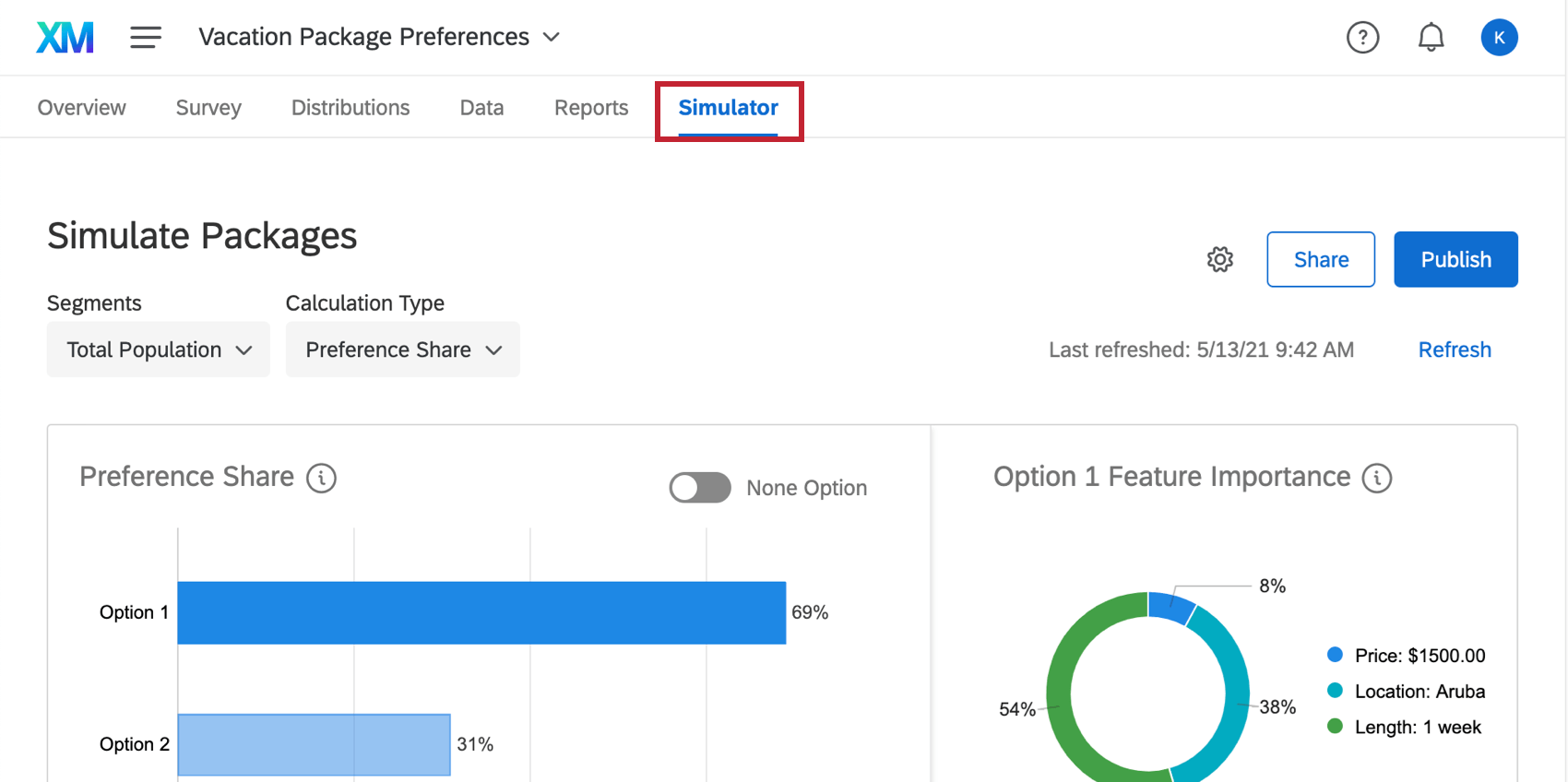 Simulador selecionado na parte superior