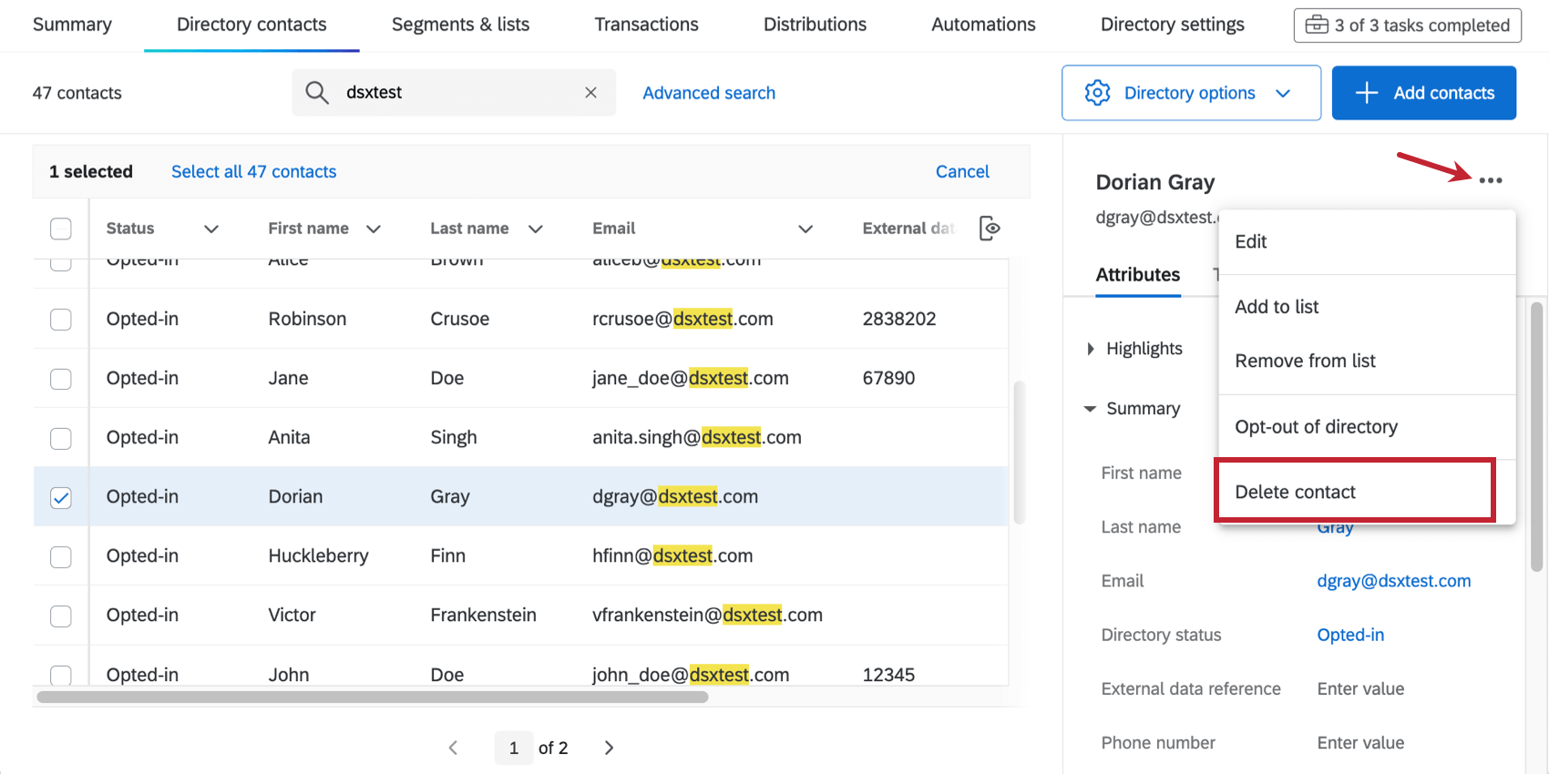 Löschen ist zuletzt in der Dropdown-Liste