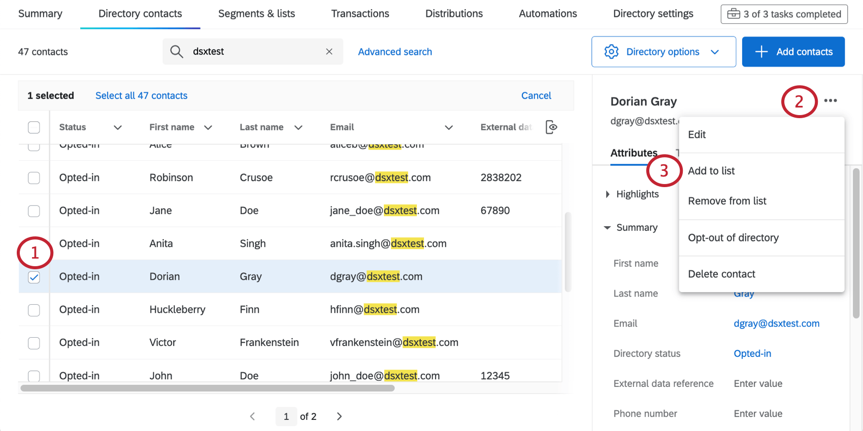 One contact is selected and the dropdown to the far-right reveals the option for Adding and Removing from Lists