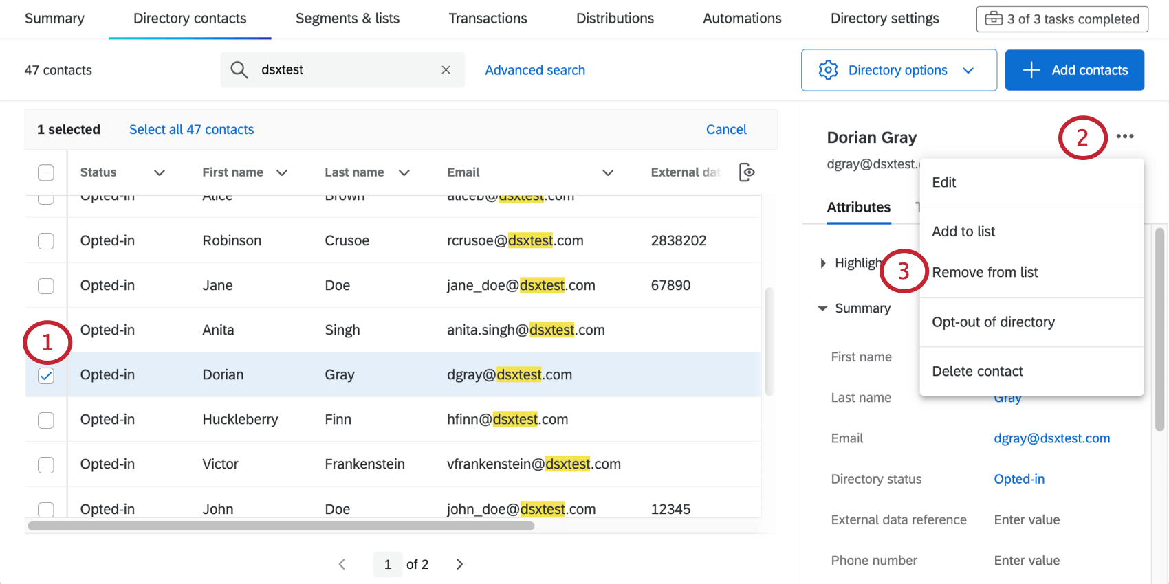 Um contato é selecionado e o menu suspenso à extrema direita revela a opção para Adicionar e remover de listas