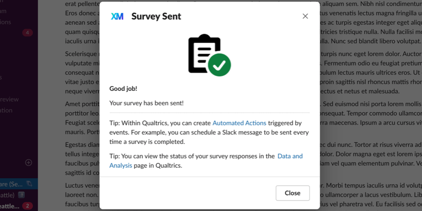Survey sent confirmation window. Has a couple of tips