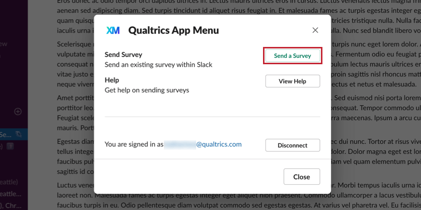 Envoyer un bouton denquête en vert en haut à droite de la nouvelle fenêtre de Qualtrics dans slack