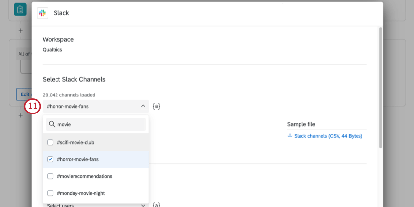 Champ sous len-tête Select slack channels. Une liste de chaînes est chargée, chacune avec une case à cocher à côté, ce qui signifie quune multisélection est possible. Une barre de recherche se trouve également en haut de la liste déroulante
