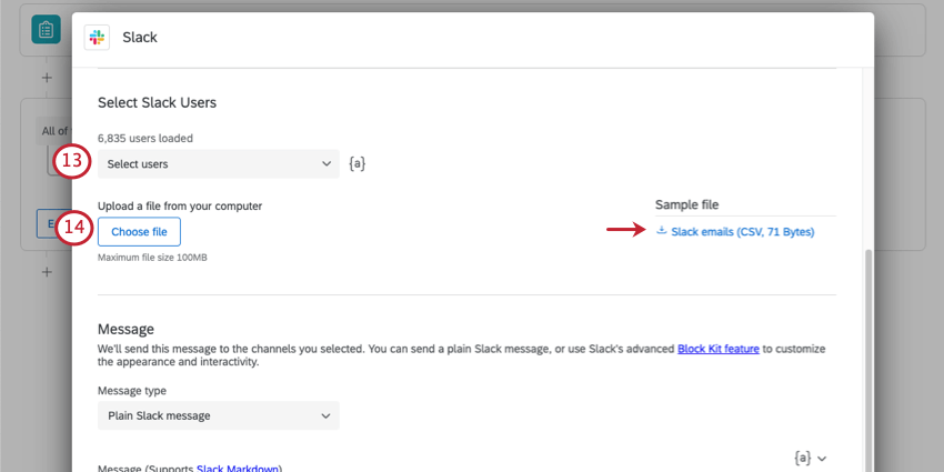 ヘッダーにSelect slack usersとある。Itの下には、ロードされたユーザー数をレポートし、選択できるドロップダウンがあります。次に、ファイルをアップロードできる[ファイルを選択]ボタンがあり、右端にダウンロードできるサンプルが表示されます。