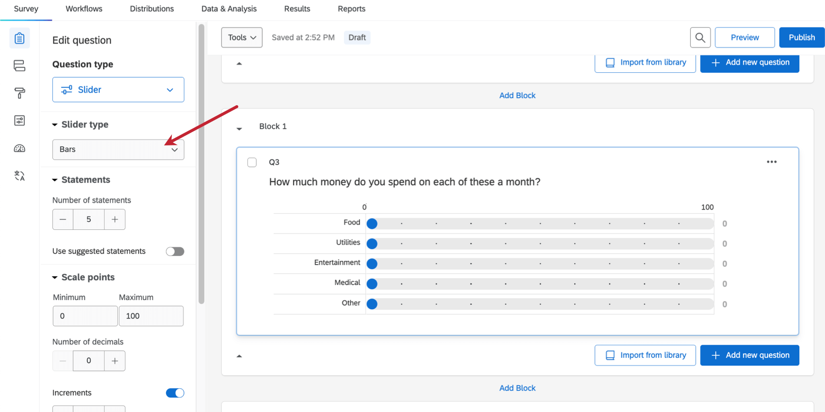 The slider is set to bars, making the slider look more like draggable bars