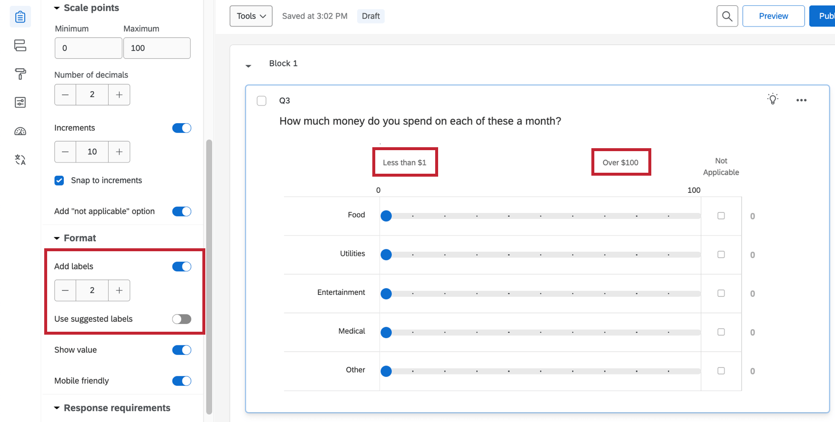 sobre os incrementos numéricos, você vê rótulos encaixados em cada lado da grade, informando o que os pontos da escala significam na forma mais alta e mais baixa
