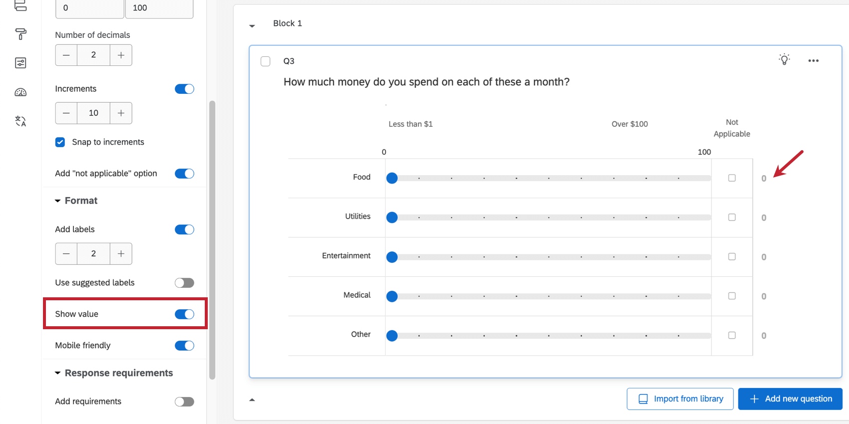 Show value is selected, so the answer provided on the slider makes a number come up