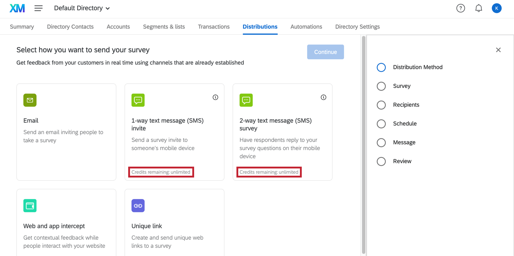 the distributions tab of xm directory. the credits remaining field on the sms distribution cards is highlighted