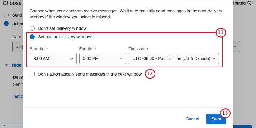 Establecer una ventana de entrega personalizada