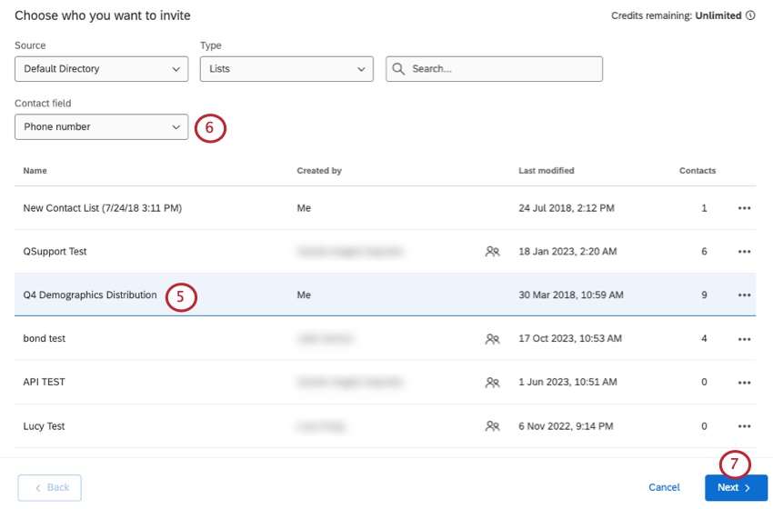 selecionar uma lista de contatos
