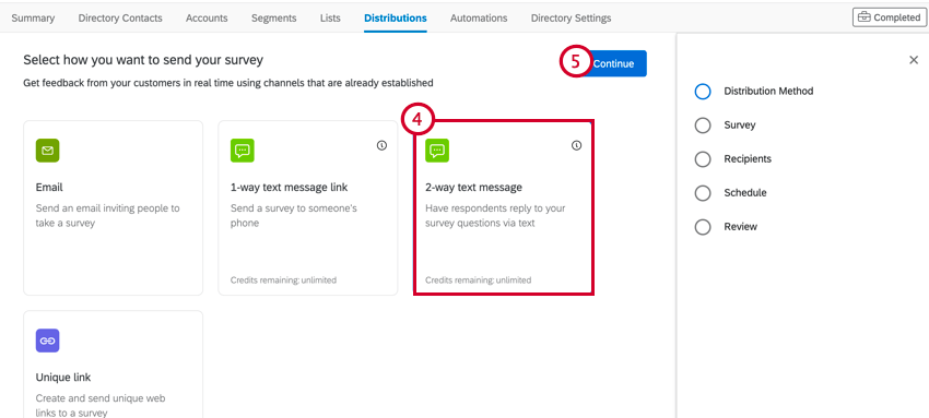 the distributions tab in xm directory. 2 way text message is selected