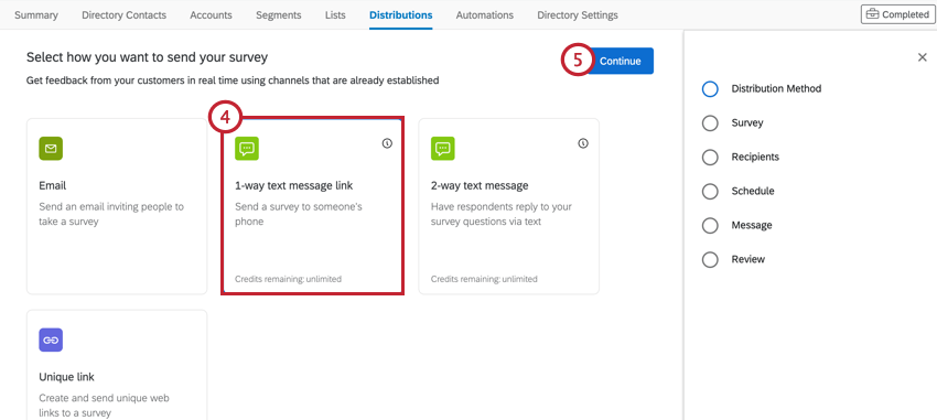 the distributions tab in xm directory. 1 way text message link is selected