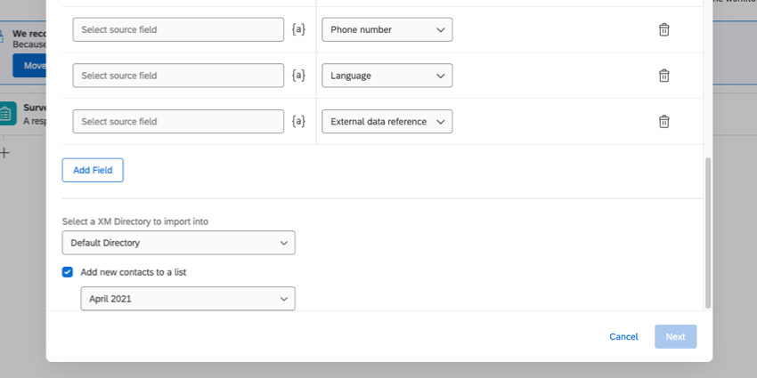 atualização de perfil único para a tarefa Experience ID com a adição de novos contatos a uma lista selecionada e uma lista de destinatários selecionada no menu suspenso