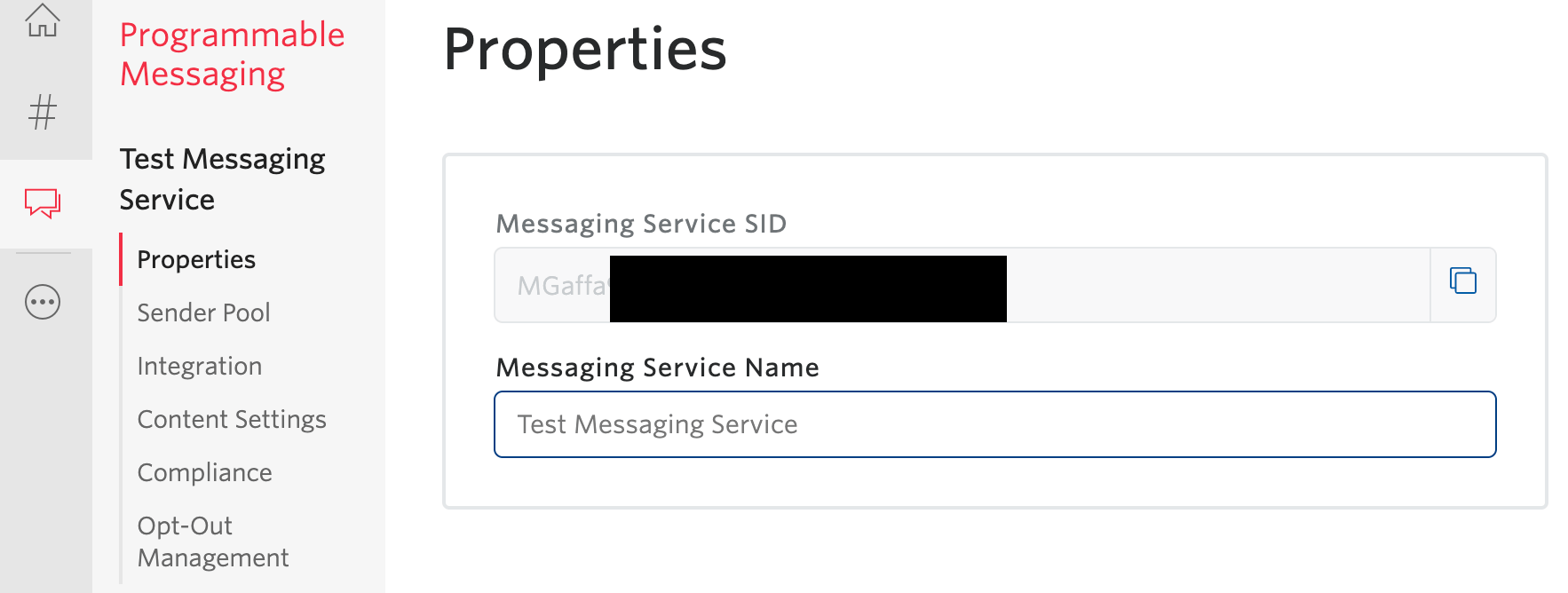 Pestaña Propiedades en Twilio