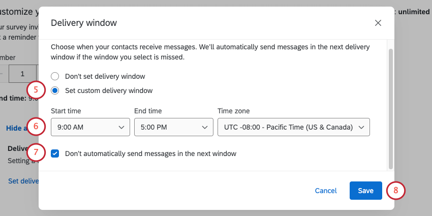 another new modal opens where you set delivery window settings