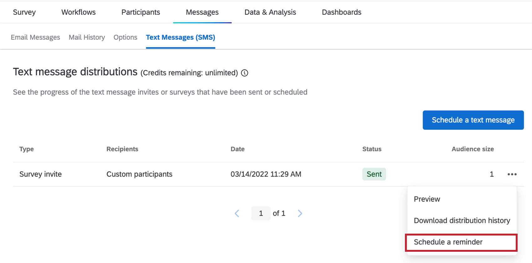 "Reminder" option under the distribution actions dropdown