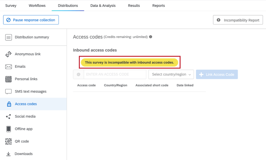 message incompatible sur une distribution denquête