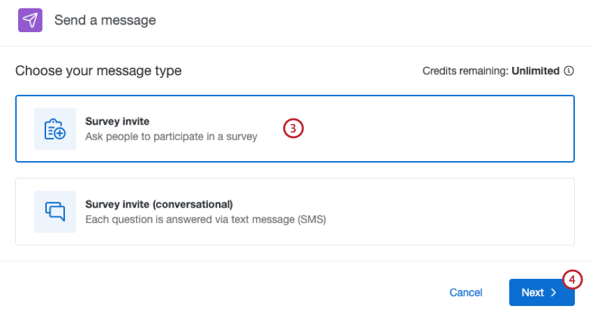 choisir un type de message pour linvitation à lenquête