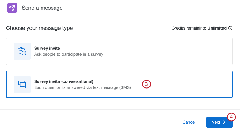 selecionar um convite para pesquisa de conversação como o tipo de mensagem