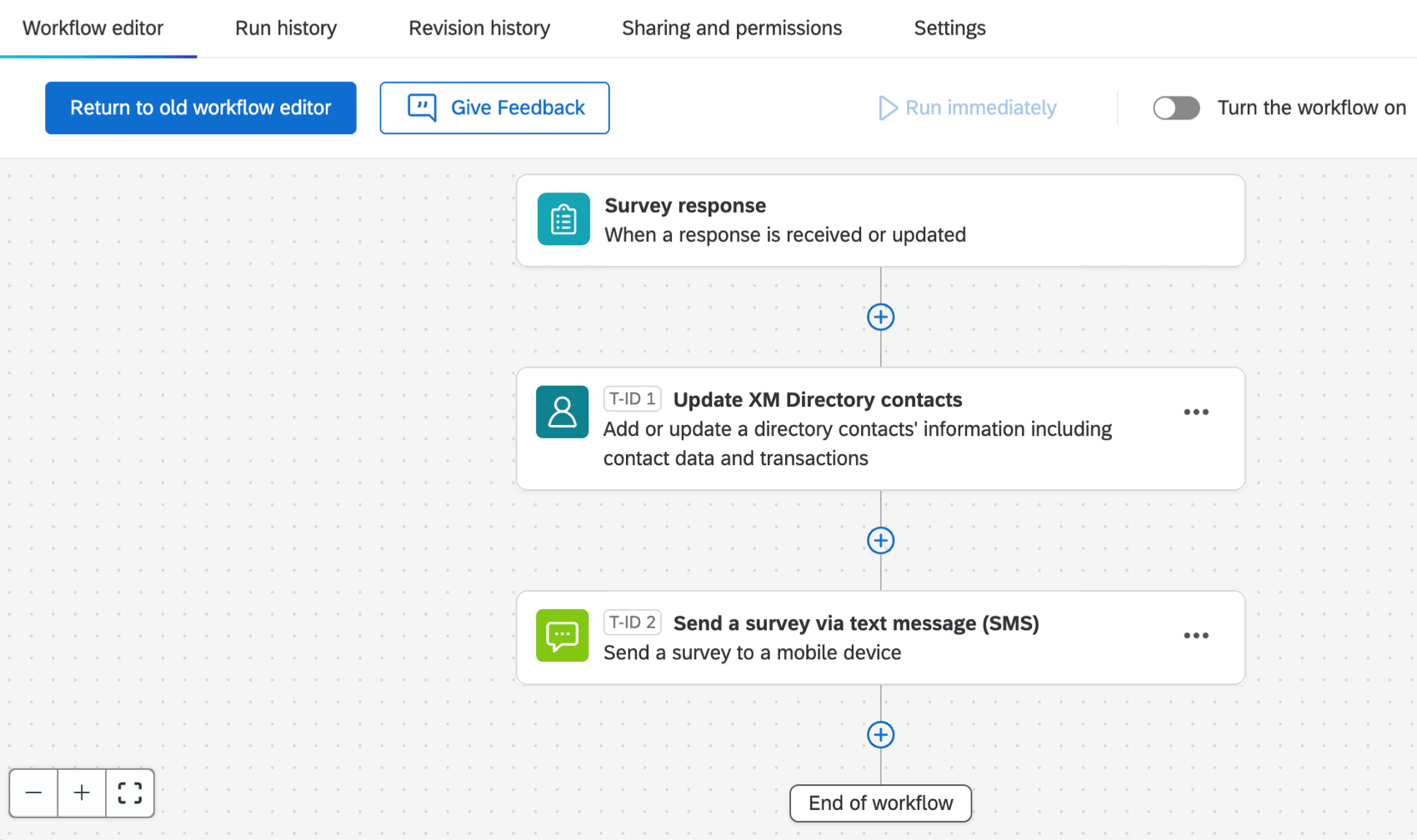 Fluxo de trabalho com evento pesquisa, tarefa de atualização de perfil único e tarefa SMS