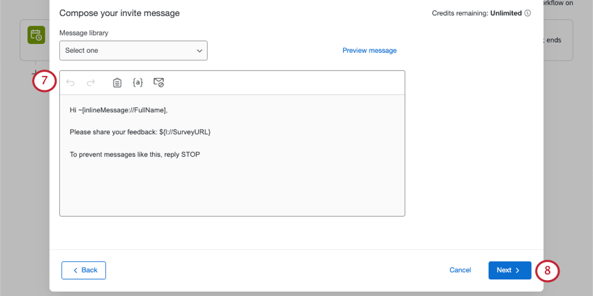 Un message saluant le client, le liant à lenquête et lui donnant des instructions pour se désinscrire