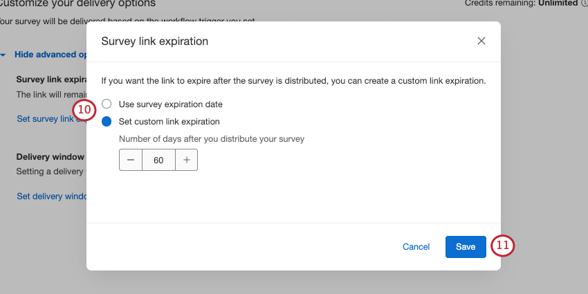 New window showing link expiration settings