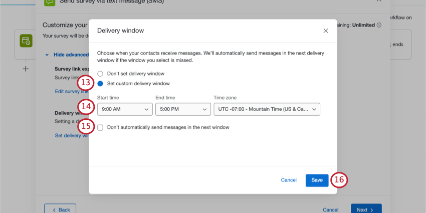 Finestra in cui vengono configurate le impostazioni di consegna personalizzate