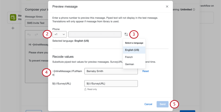 New window where you set the phone number, language, customer name, and survey link you want to test with