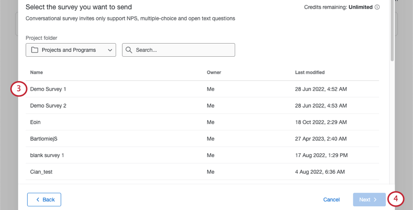 Selecting a project from the list