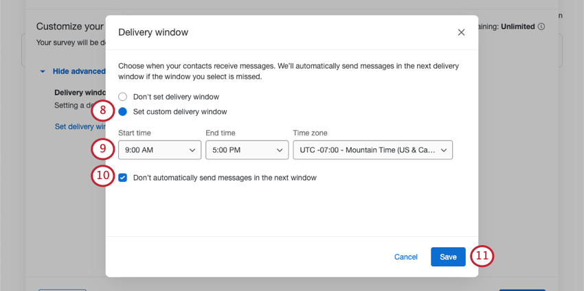New window where you configure delivery options
