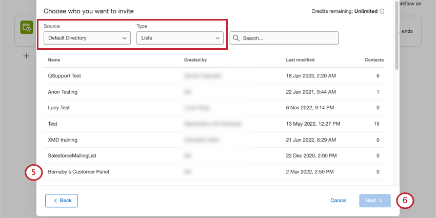 Selecting a mailing list from the list