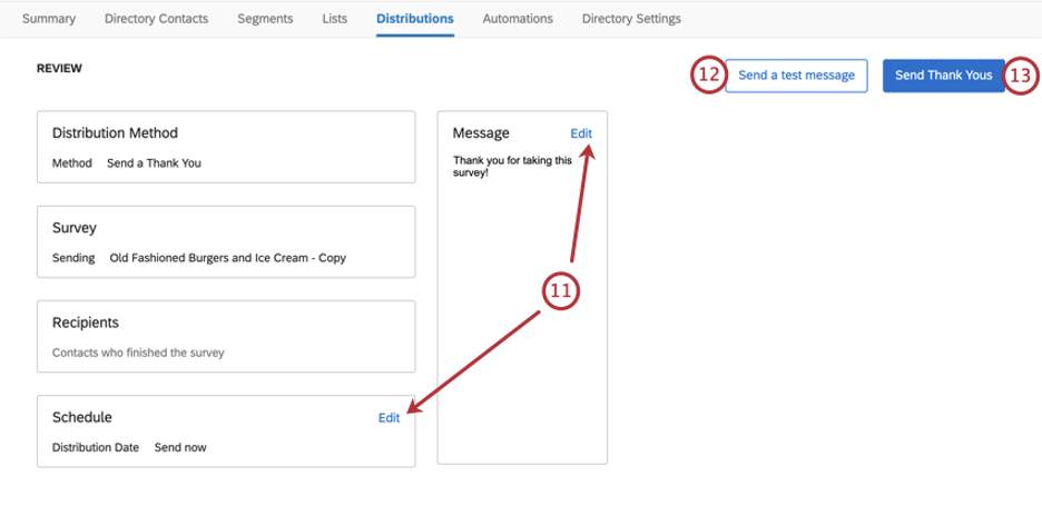 Table summarizing all the different settings of the distribution, with an edit button next to each. Upper-right where you can test or send