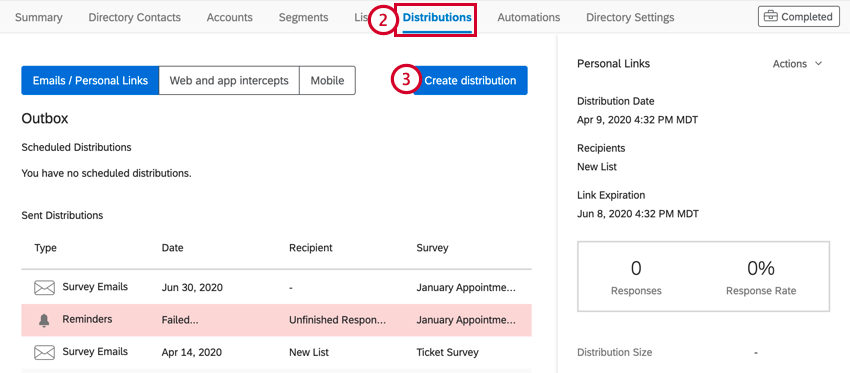 a guia distribuições no diretório xm. O botão Criar distribuição está selecionado