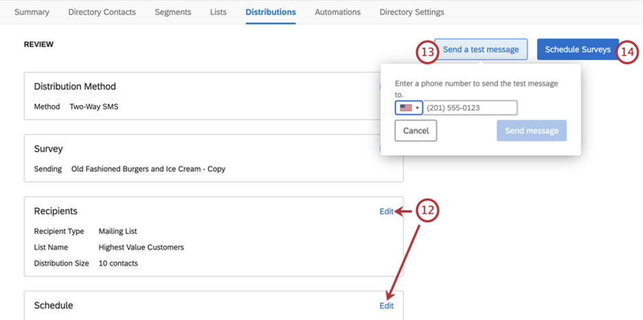 Tabela que resume todas as diferentes configurações da distribuição, com um botão de edição avançar de cada uma. No canto superior direito, onde você pode testar ou enviar