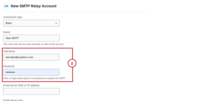 i campi username e password per lautenticazione smtp di base